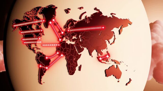 Digital World Map Red Arrows Indicating Global Connections and Data Flow Across Continents, Set Against Warm Atmospheric Background