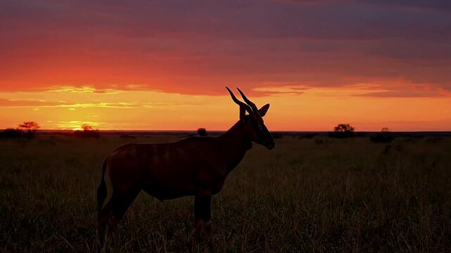 A hartebeest stands silhouetted against an orange and purple sunset in a grassy field
