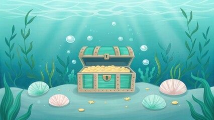 Obraz premium Underwater treasure chest with gold coins, surrounded by shells on the seabed cartoon illustration