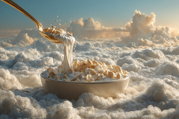 Dreamy Ad with Cereal Pouring Into a Bowl of Clouds
