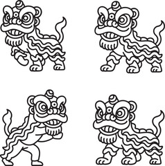 Set of Lion dance Outline vector illustration isolated On Transparent Background