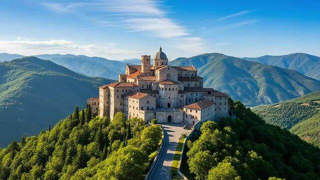 Beautiful view of the sanctuary of montecassino a famous benedictine abbey located on top of monte cassino italy