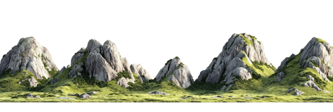 A panoramic view of a range of light gray mountains with grassy foothills