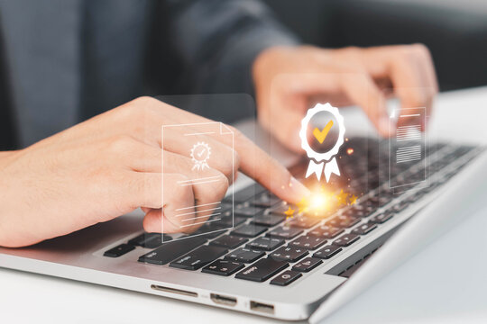 ISO standards compliance, quality control, assurance, and warranty in business technology. Businessman with laptop and document icons for ISO concept.