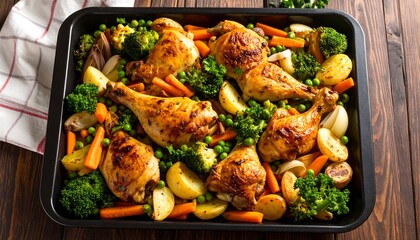 Roasted chicken legs with vegetables in a baking pan