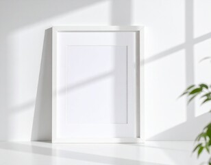 Blank White Frame Mockup Leaning on Wall: Window Shadow. Artistic Minimalism, Home Decor & Natural Lighting