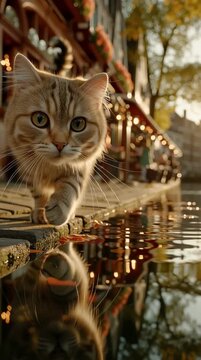 A kitten walks slowly along a quiet canal in a European town at sunrise.