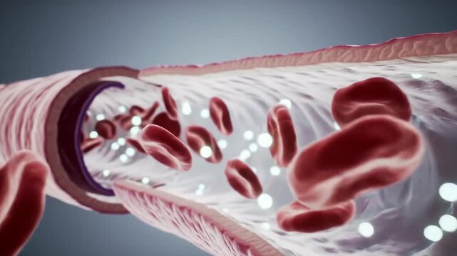 Red blood cell, artery, plasma, and white blood cell inside human blood vessel, showing detailed 3D medical illustration of circulatory system and healthy blood flow, with blood vessel interior
