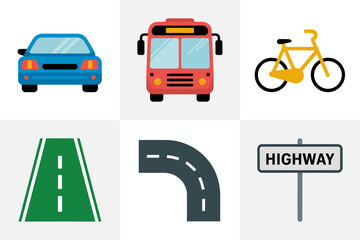 Car bus bicycle icons, road and highway sign vector, transportation symbol set, street direction illustration, travel map icons