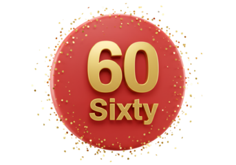 Isolated 3D Rendering Of Number 60 And Sixty Text On Red Circle with Gold Confetti