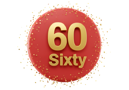 Isolated 3D Rendering Of Number 60 And Sixty Text On Red Circle with Gold Confetti