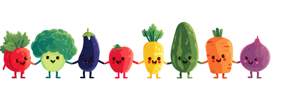 A group of cute, smiling vegetable characters holding hands, depicted in a vibrant, colorful illustration.