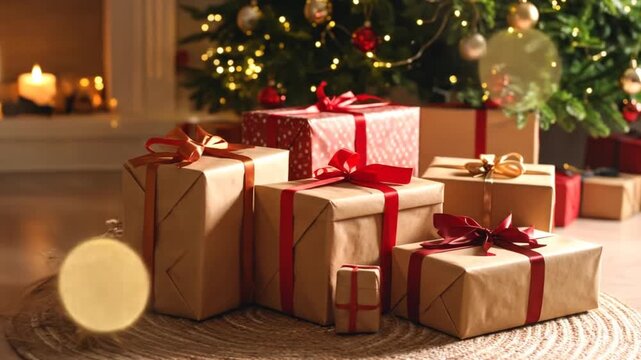 Holiday Gifts Wrapped in Brown and Red Ribbons Under Christmas Tree with Twinkling Lights in Warm Indoor Setting