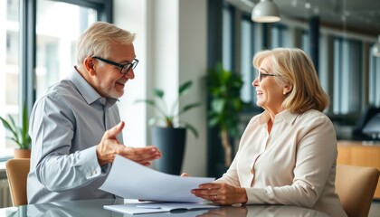 Engaged Mature Couple Discussing Documents with Optimism in Modern Setting