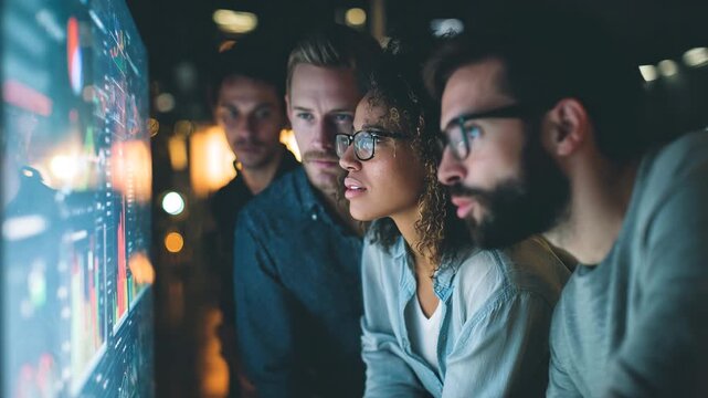 Group of people closely watching large digital screen in dark room during team planning and analysis session