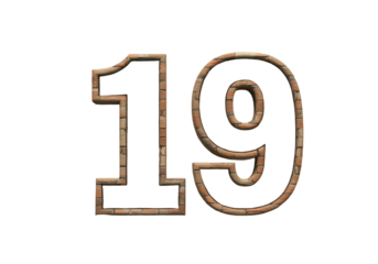 Isolated 3D Illustration Of Brick Textured Number 19 On Transparent Background