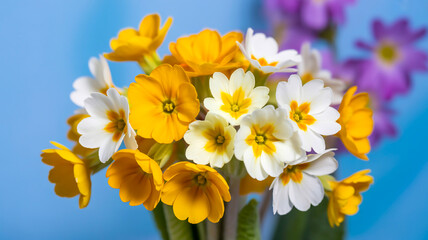 A close-up photograph of a vibrant bouquet of yellow and white primrose flowers against a soft blue background. 
