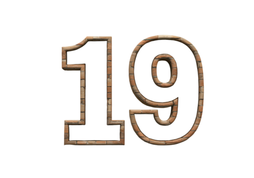 Isolated 3D Illustration Of Brick Textured Number 19 On Transparent Background