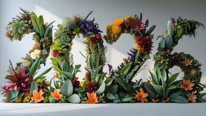 Creative floral art installation forms the number 2026, showcasing a vibrant and naturalistic arrangement of diverse botanical elements and succulents