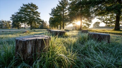 Sunrise over frosty meadow with tree stumps and dewy grass.