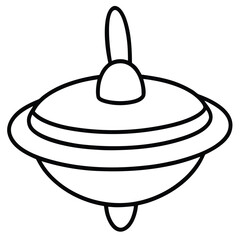 Clean black line art illustration of a classic spinning top toy in motion