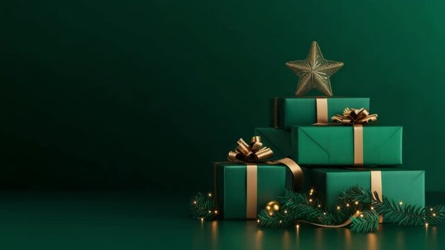 Stack of green and golden gift boxes with golden star on top against dark green background. Christmas gift package with gold ribbon and bow. Festive holiday present for christmas eve.