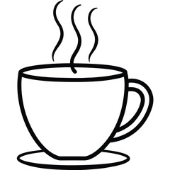 Elegant black line art illustration of a steaming coffee cup with subtle color accents for beverage branding and design