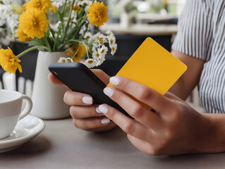 A person uses a smartphone while holding a yellow card, surrounded by flowers and a cup of coffee, suggesting a casual and modern lifestyle.