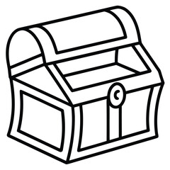 A bold line drawing of a treasure chest slightly opened revealing hidden riches inside