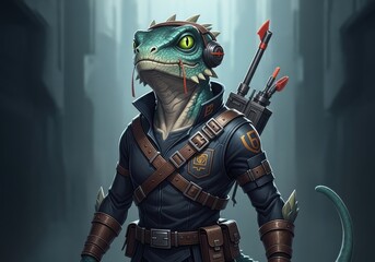 Fototapeta premium Urban Reptilian Enforcer in Tactical Gear Stands Guard in Cityscape Alley