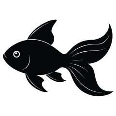 Elegant black silhouette of a goldfish with gracefully flowing fins and tail in a dynamic pose