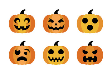 Expressive pumpkin faces, Halloween jack o lantern set, various pumpkin emotions, spooky autumn vector, cartoon Halloween illustration