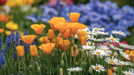 A close-up photograph of California poppies and white daisies in a garden setting