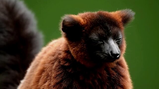 A red ruffed lemur with amber eyes peers ahead against a green backdrop