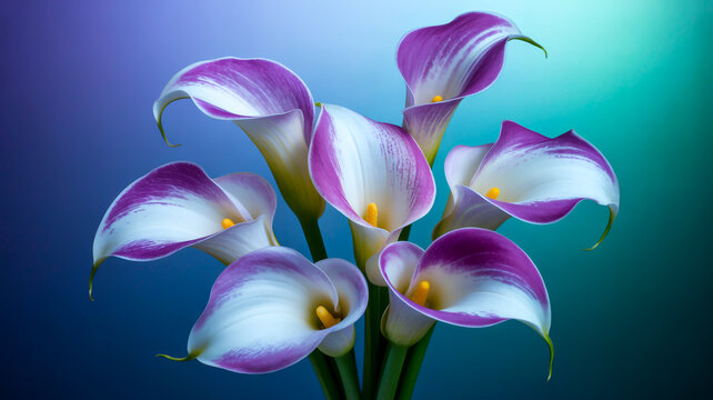 A close-up photograph of five purple and white calla lilies against a soft blue gradient background