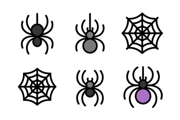 Black spider and web set, Halloween spider icons, spiderweb vector, spooky insect illustration, creepy Halloween design