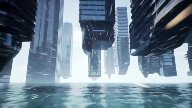 Surreal futuristic megacity with towering abstract skyscrapers reflecting in the water, creating a stunning urban landscape