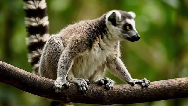 A ringtailed lemur perches on a branch its striped tail prominently displayed against a green outoffocus background