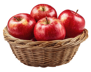 Four vibrant red apples nestled in a shallow, woven wicker basket.  The apples are glossy, showing a  reddish-pink blush.  The basket is light brown