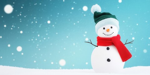 Fototapeta premium Cheerful snowman with red scarf and green hat on snowy winter day.