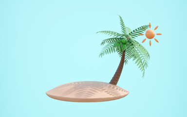 3D render of a stylized tropical island with a vibrant palm tree, green coconuts, and an orange sun against a serene light blue background. Ideal for summer, vacation, and travel themes.