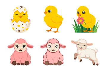 Easter lamb and chick icons, spring animal cartoon set, baby lamb vector, cute farm animal illustration, holiday design