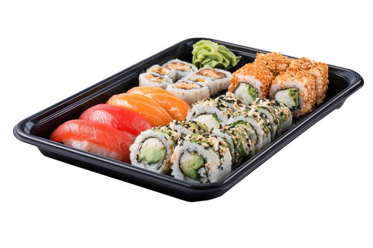 Assorted sushi platter in black takeout container.  Colorful mix of nigiri, maki, and rolls