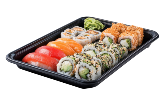 Assorted sushi platter in black takeout container.  Colorful mix of nigiri, maki, and rolls