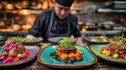 Rival Chefs Presenting Stunning Culinary Creations in a Competitive Kitchen Scene