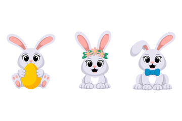 Easter bunny faces, cute rabbit cartoon set, spring animal vector, bunny with bow tie, festive holiday illustration