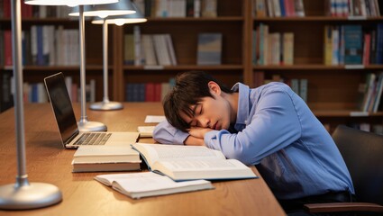 Student Overwhelmed by Textbooks and Notes, Struggling with Burnout in Library