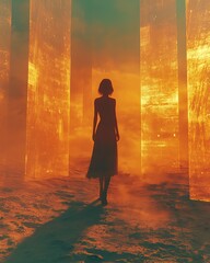 Silhouetted figure mockup with glowing orange light panels

