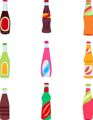glass soda bottle set cartoon vector illustration