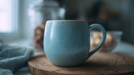 Fototapeta premium A light blue speckled ceramic mug placed on an oak board in front of a window creates a warm, inviting atmosphere for coffee time; Attention is focused on the simplicity of this cozy home environment.